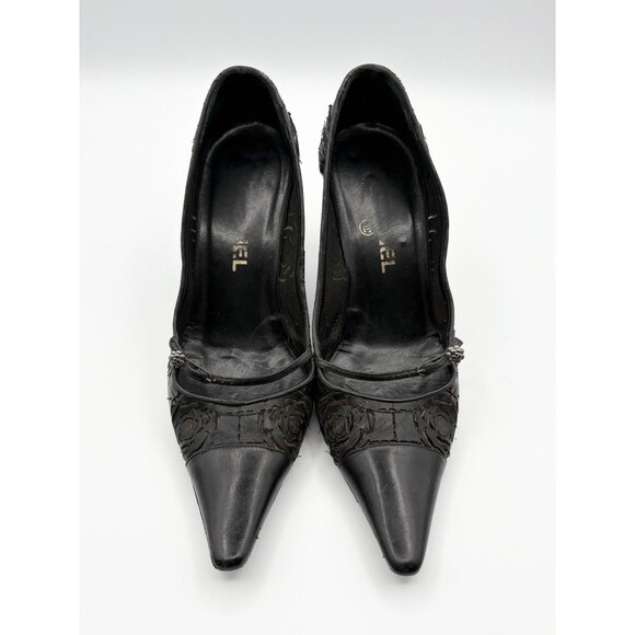 Chanel Black Leather Mary Jane Pointed Toe Heels w/ Camellia Accents Sz EU 38 8 - Picture 4 of 13